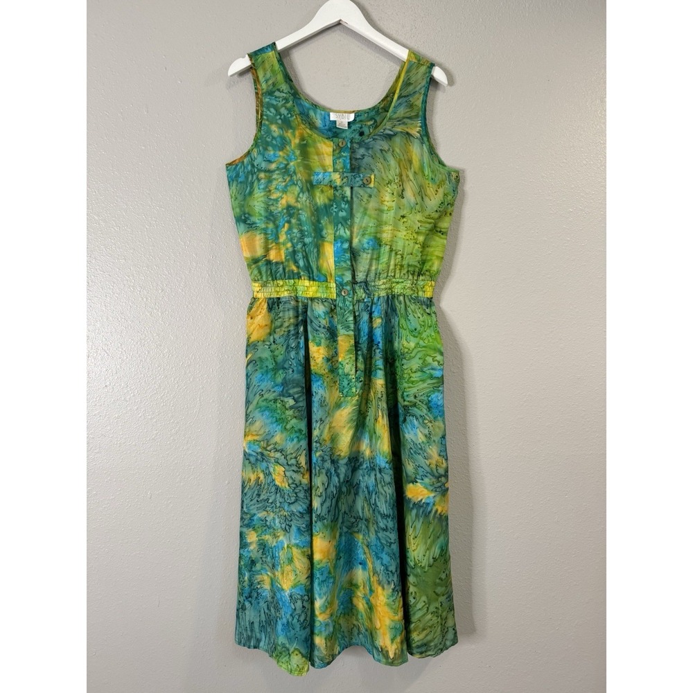 Vintage Sybil 100% Silk Batik Midi Dress Tie Dye Lagenlook Boho W/Pockets Large